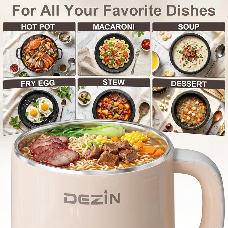 DEZIN Electric Pot, 1.6L Ramen Cooker, Hot Pot Electric Stainless Steel, Multifunctional Cooker for Egg, Pasta, Soup, Porridge, Oatmeal with Temperature Control and Keep Warm Function - Image 5